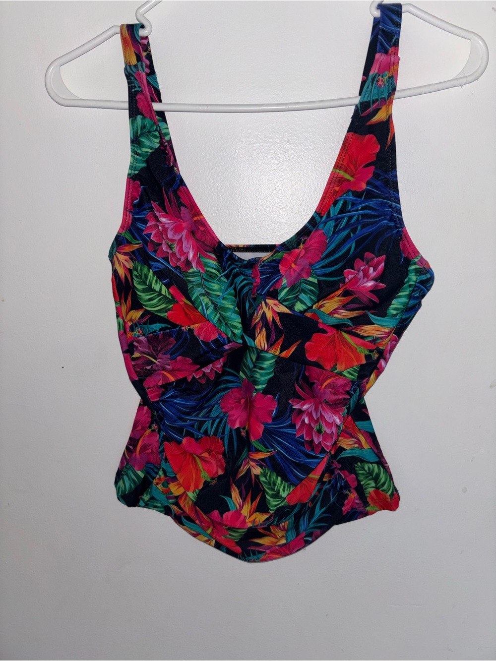 Tropical Floral One-Piece Swimsuit - Navy Background with Bright Floral Print